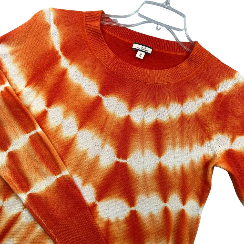 J.Crew Cashmere Sweater Womens S Orange White Tie Dye Long Sleeve Crewneck 1285